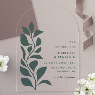 Invitaciones Acrílicas Boda de hojas botánicas verdes modernas