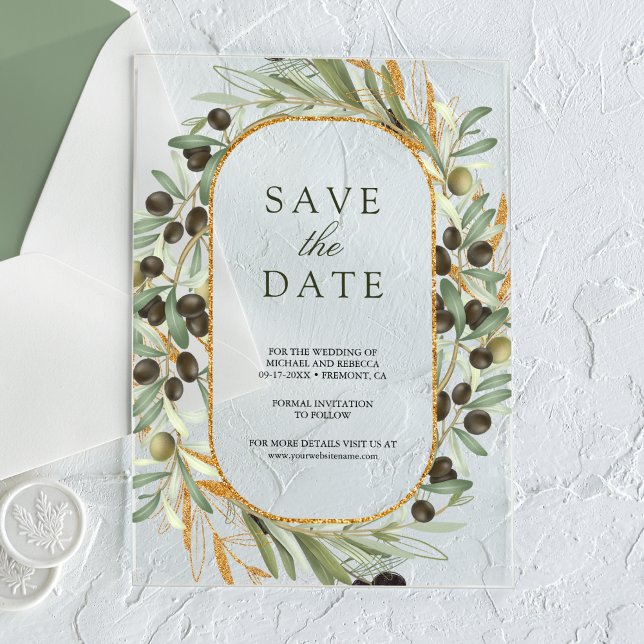 Invitaciones Acrílicas Boda de hojas de oliva salva la fecha (Subido por el creador)