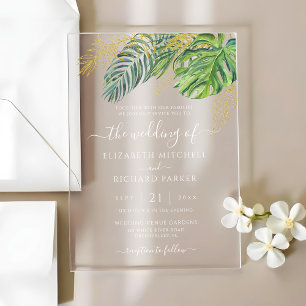 Invitaciones Acrílicas Boda de hojas de palma salvaje tropical