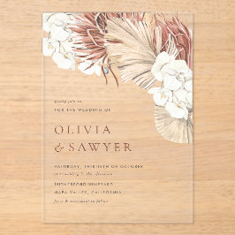 Invitaciones Acrílicas Boda de hojas de palma secas y orquídeas blancas b