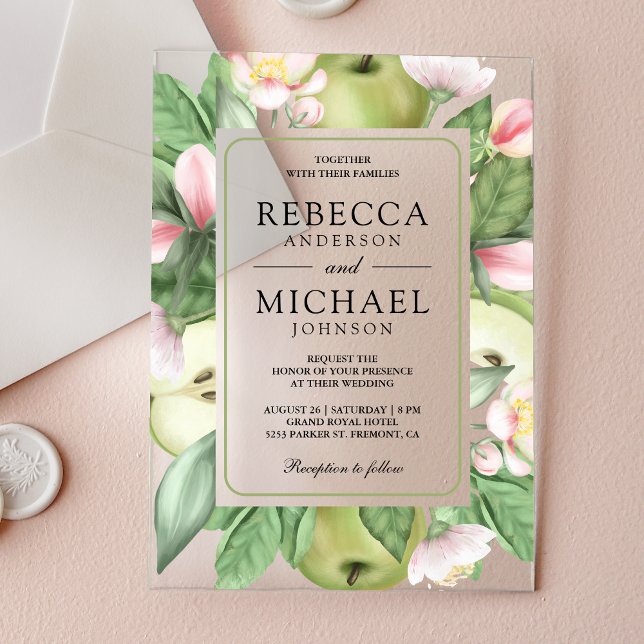 Invitaciones Acrílicas Boda de huerta de manzana verde floral botánica (Subido por el creador)