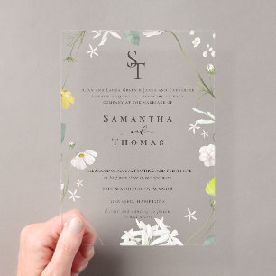 Invitaciones Acrílicas Boda de iniciales minimalistas florales elegantes