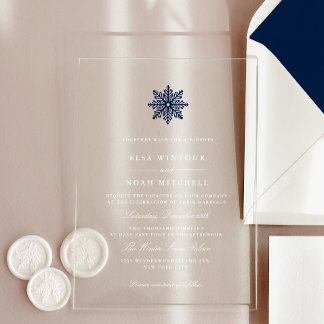 Invitaciones Acrílicas Boda de invierno con copo de nieve azul de la mari