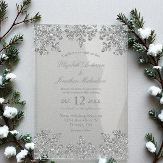 Invitaciones Acrílicas Boda de invierno con copo de nieve de plata