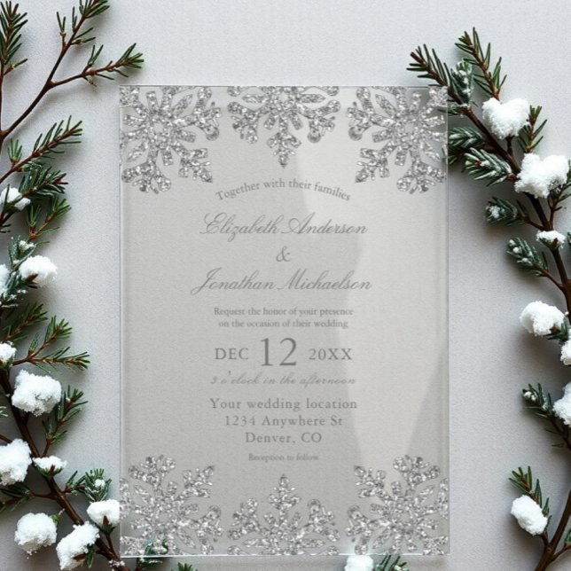 Invitaciones Acrílicas Boda de invierno con copo de nieve de plata (Subido por el creador)