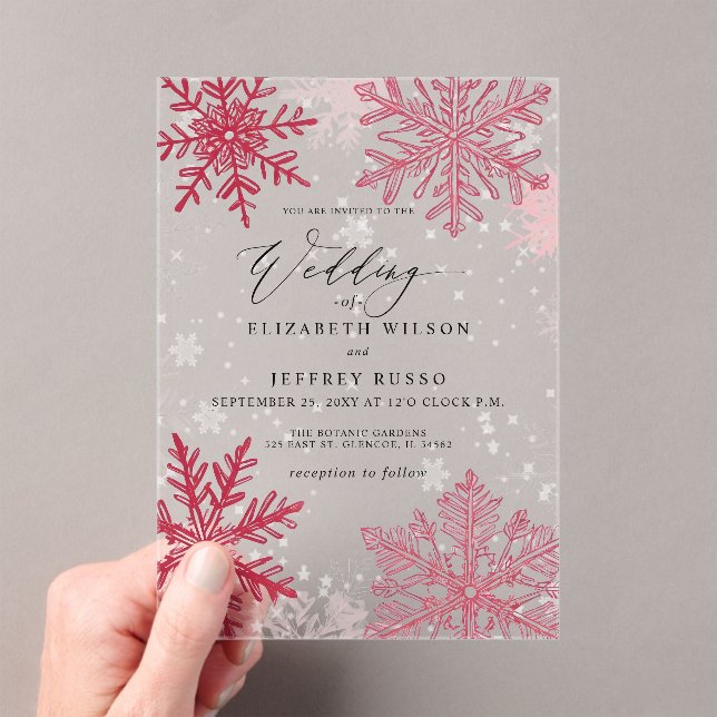 Invitaciones Acrílicas Boda de invierno con copos de nieve rojos (Insitu (portátil))