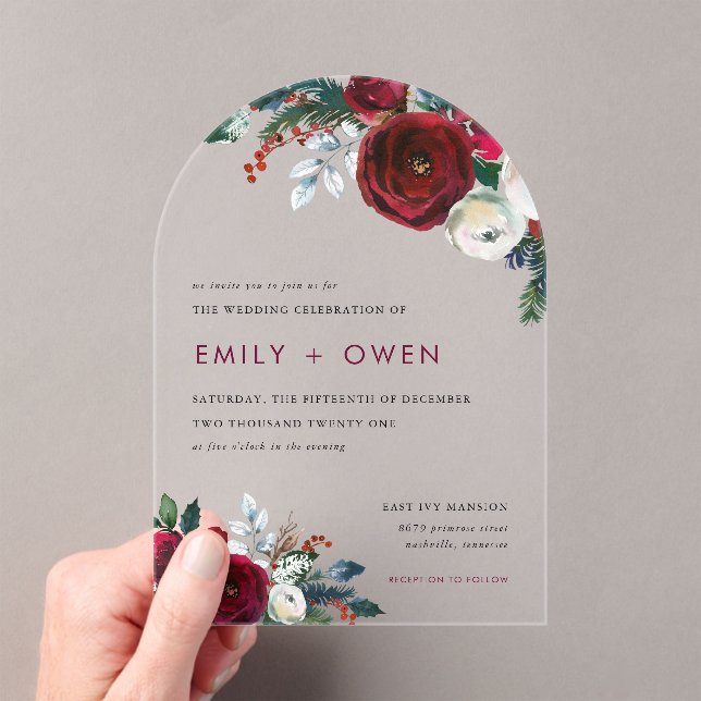 Invitaciones Acrílicas Boda de invierno con flores en vacaciones (Insitu (portátil))