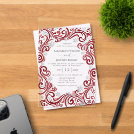 Invitaciones Acrílicas Boda de Invierno Copos de Nieve Rojos Plateados