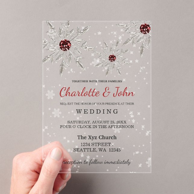 Invitaciones Acrílicas Boda de invierno de copos de nieve rojos plateados (Insitu (portátil))