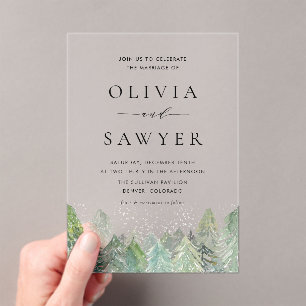 Invitaciones Acrílicas Boda de Invierno de la Selva Nevada Evergreen