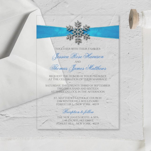 Invitaciones Acrílicas Boda de Invierno Diamante Snowflake & Blue Ribbon (Subido por el creador)