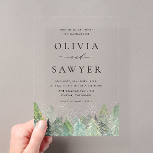 Invitaciones Acrílicas Boda de invierno en bosque de hoja perenne nevado 