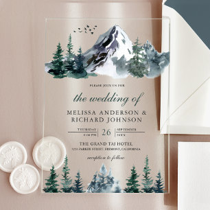Invitaciones Acrílicas Boda de invierno en bosque de montaña con acuarela