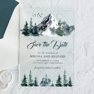 Invitaciones Acrílicas Boda de invierno en el bosque de montaña - Guardar