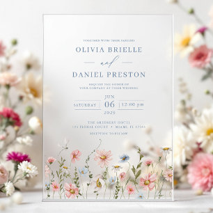Invitaciones Acrílicas Boda de Jardín de Flores Silvestres Boho Azul Polv