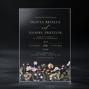 Invitaciones Acrílicas Boda de jardín de flores silvestres boho doradas