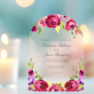 Invitaciones Acrílicas Boda de jardín de primavera chic floral rosa fucsi