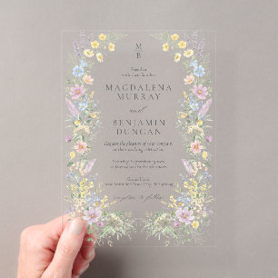 Invitaciones Acrílicas Boda de jardín floral silvestre pastel Regencia