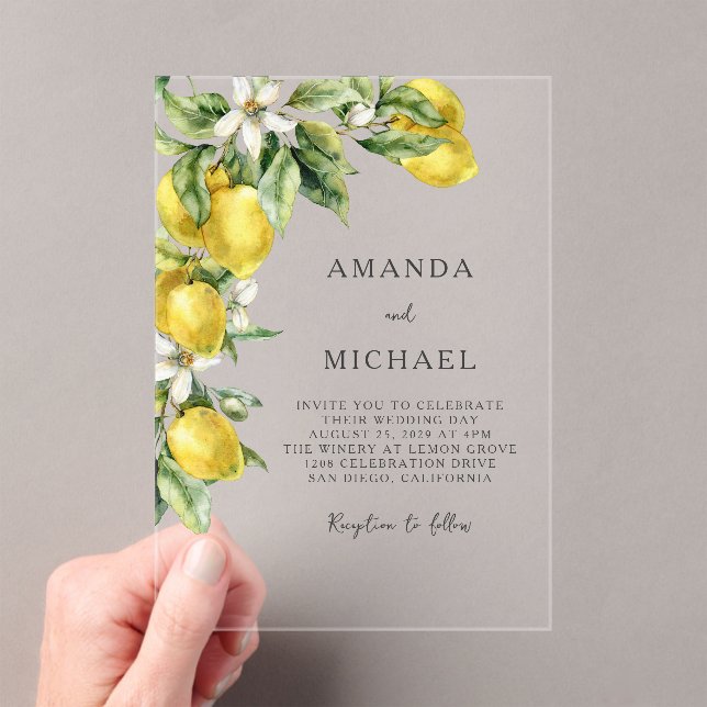 Invitaciones Acrílicas Boda de la acuarela del Boho ruso Lemons Citrus (Insitu (portátil))