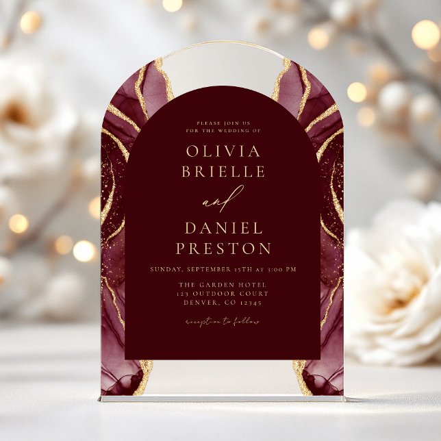 Invitaciones Acrílicas Boda de la Agate de Oro de Borgoña elegante modern (Subido por el creador)