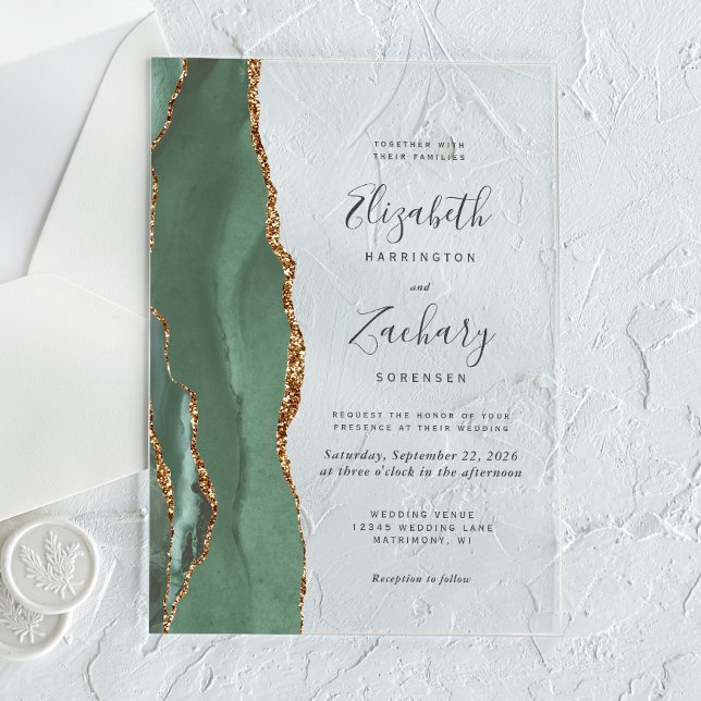 Invitaciones Acrílicas Boda de la Agate de Oro Verde Masaje Moderno (Subido por el creador)