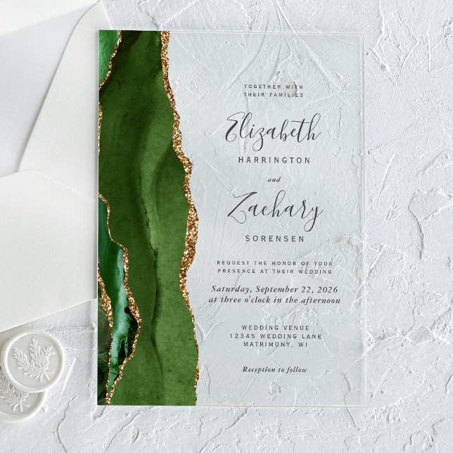 Invitaciones Acrílicas Boda de la agencia de oro verde de Hunter (Subido por el creador)