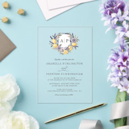 Invitaciones Acrílicas Boda de la Cresta Floral de Monograma de Limón Lav