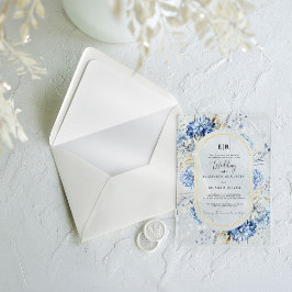 Invitaciones Acrílicas Boda de la flor floral de oro azul de la marea neg