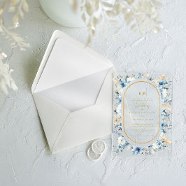 Invitaciones Acrílicas Boda de la flor floral de oro azul de la marea neg