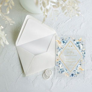 Invitaciones Acrílicas Boda de la flor floral de oro azul de la marea neg