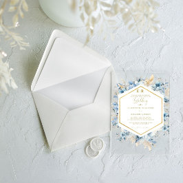 Invitaciones Acrílicas Boda de la flor floral de oro azul de la marea neg