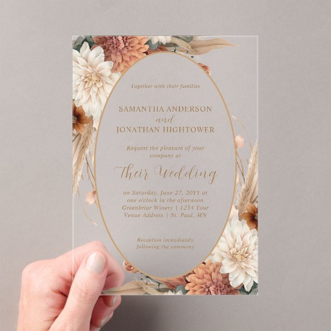 Invitaciones Acrílicas Boda de la frontera de Boho Floral Oval de otoño | (Insitu (portátil))