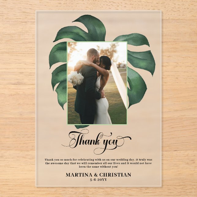 Invitaciones Acrílicas Boda de la hoja tropical de Monstera (Anverso)