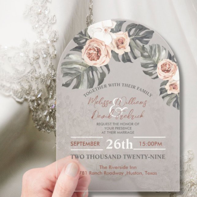 Invitaciones Acrílicas Boda de la Moda Boho Botánico de la Hoja de Palma  (Tropical Palm Leaf Botanical Boho Chic Wedding Acrylic Invitations)