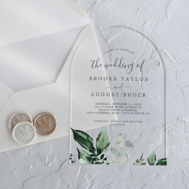 Invitaciones Acrílicas Boda de la Sierra de Eucalyptus Boho (Emerald Greenery Eucalyptus Boho Mountain Wedding Acrylic Invitations)