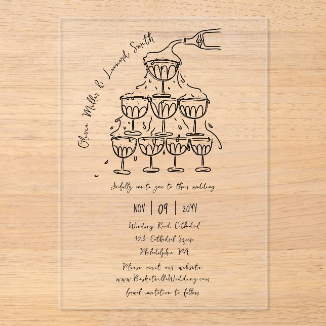 Invitaciones Acrílicas Boda de la Torre de Champagne (Anverso)