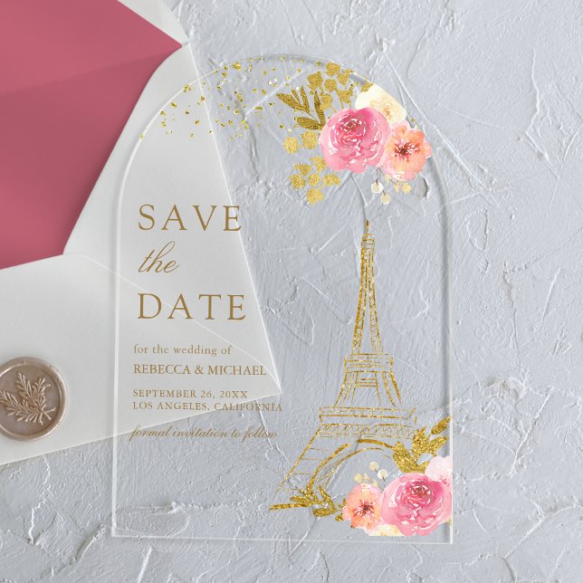 Invitaciones Acrílicas Boda de la Torre Eiffel floral rosa Salven la fech (Subido por el creador)