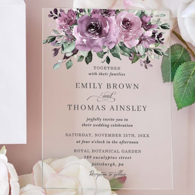 Invitaciones Acrílicas Boda de la vegetación floral ruidosa de ciruela ma (Subido por el creador)