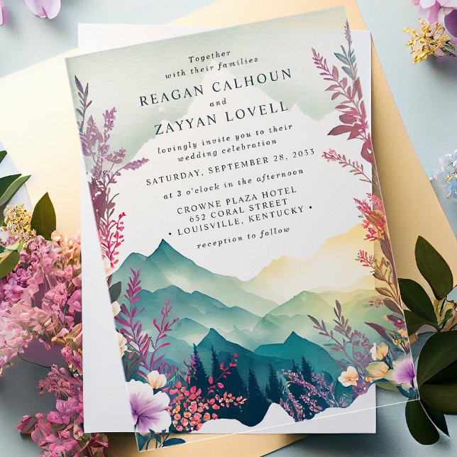 Invitaciones Acrílicas Boda de las montañas de la primavera floral acuare (Subido por el creador)