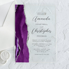 Invitaciones Acrílicas Boda de letra moderna de ágata plateada púrpura