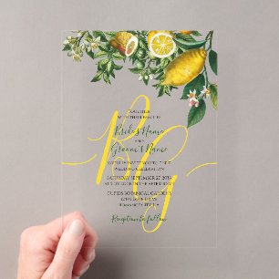 Invitaciones Acrílicas Boda de limón amarillo rústico y follaje verde