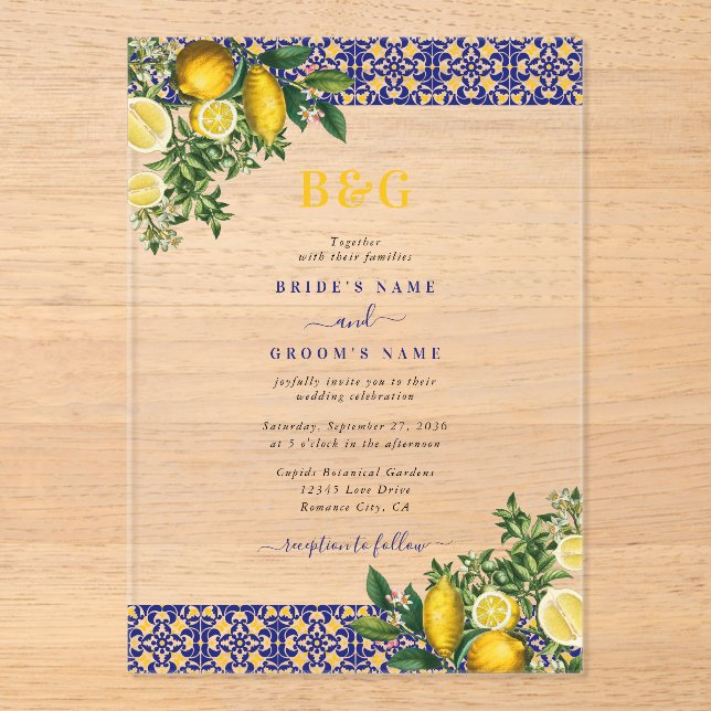 Invitaciones Acrílicas Boda de limón azul blanco amarillo mediterráneo (Anverso)