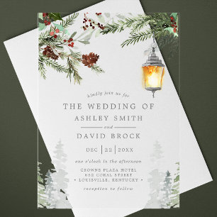 Invitaciones Acrílicas Boda de linterna botánica de pinos rústicos de inv