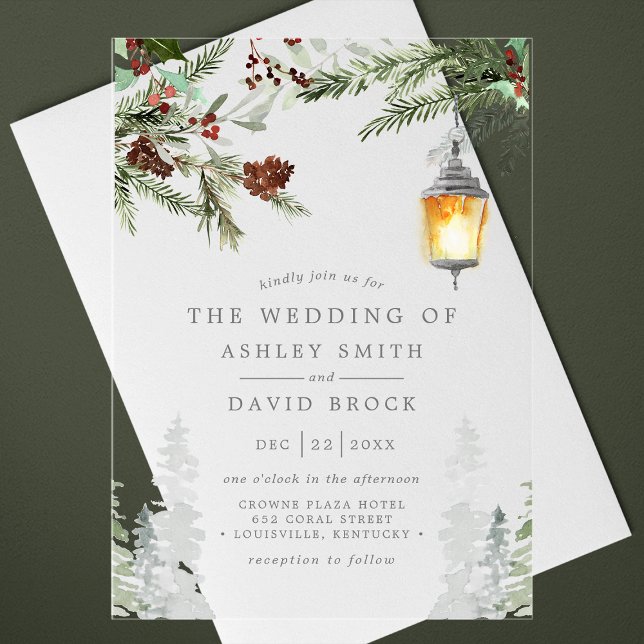 Invitaciones Acrílicas Boda de linterna botánica de pinos rústicos de inv (Subido por el creador)