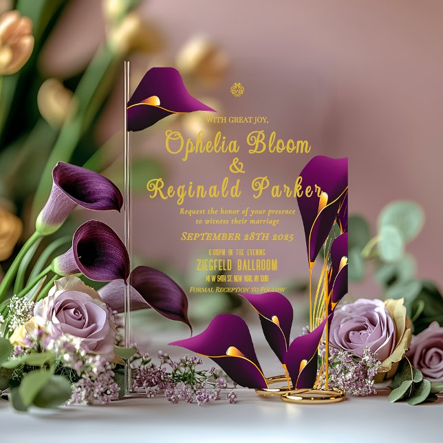 Invitaciones Acrílicas Boda de Lirio Violeta Morado de Calla Moderno (Sleek Modern Violet Purple Calla Lily Acrylic Wedding Invitation )