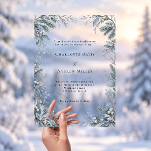 Invitaciones Acrílicas Boda de lujo botánica de invierno azul hielo trans