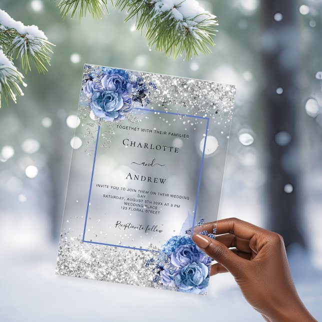 Invitaciones Acrílicas Boda de lujo con flores azules plateadas transpare (Subido por el creador)