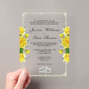 Invitaciones Acrílicas Boda de lujo con marco, anillos de diamantes y ros