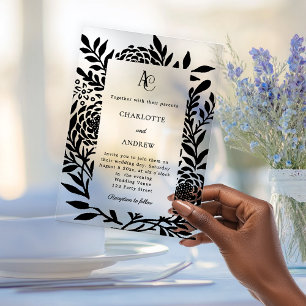 Invitaciones Acrílicas Boda de lujo con monograma botánico moderno negro