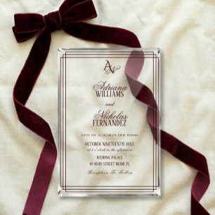Invitaciones Acrílicas Boda de lujo con monograma de Borgoña